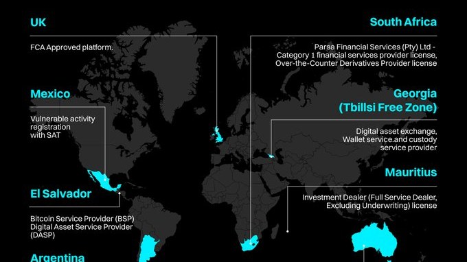 Bitget Compliance Map highlighting regulatory disclosures across the UK, Australia, South Africa and other markets